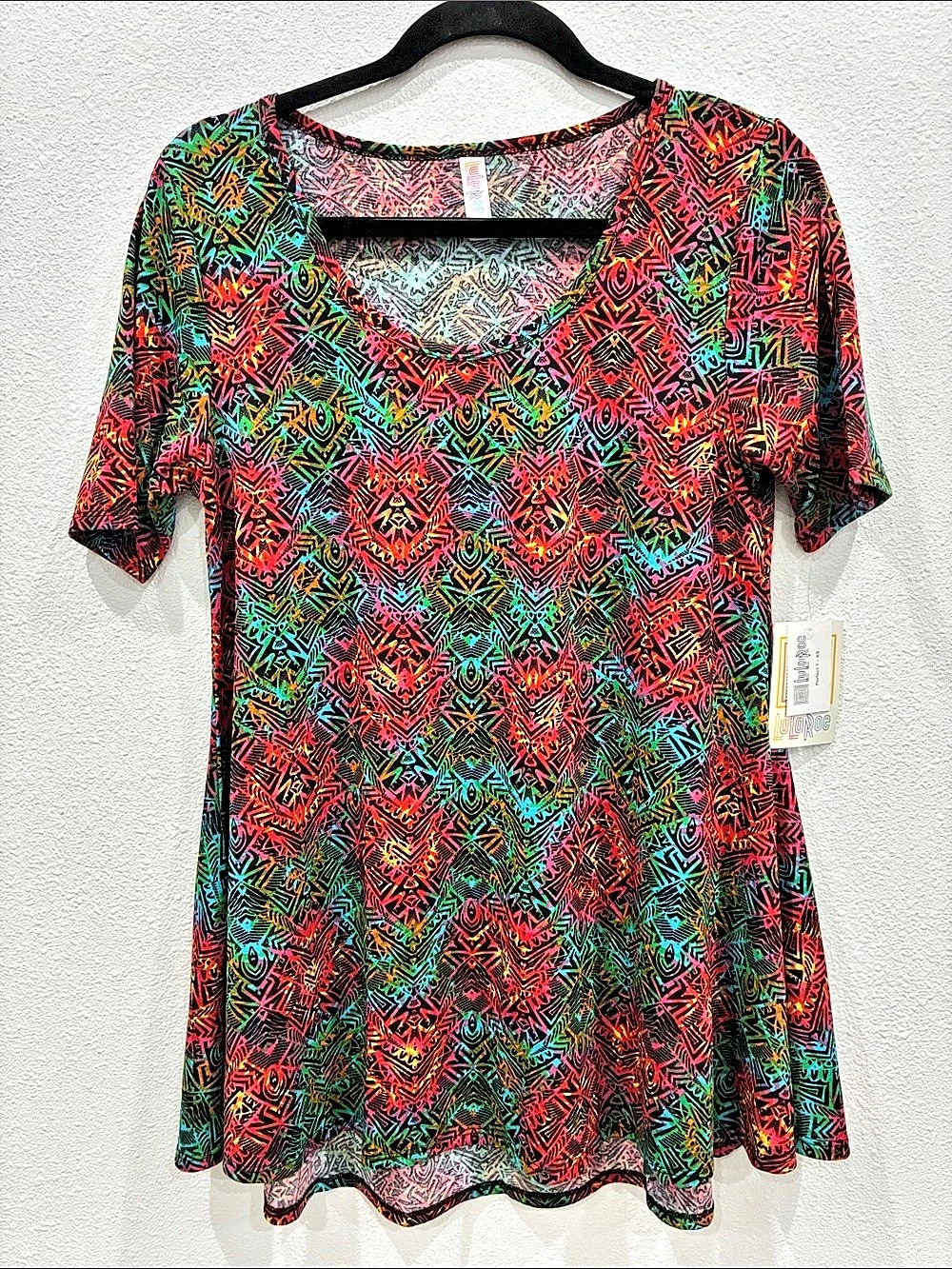 Lularoe Perfect T Geometric Short Sleeve Top in Black & Multicolor XS NWT